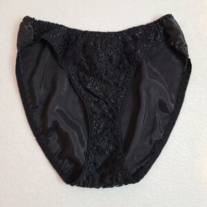 Vintage Rene Rofe Silky Satin & Lace Hi-leg Bikini Panty Size Lg Black